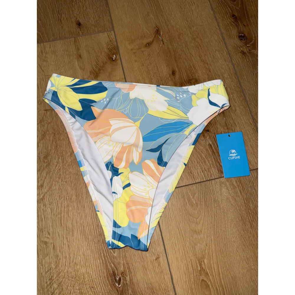Cupshe Women High Waisted Bikini Bottom Blue Yellow Floral Tropical Swimwear NWT